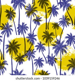 Vector illustration of a hand drawn palm trees. Seamless vector pattern with tropical palm trees.