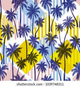 Vector illustration of a hand drawn palm trees. Seamless vector pattern with tropical palm trees on a geometric modern background.