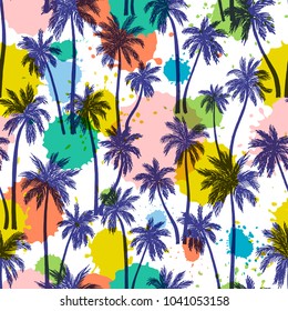 Vector illustration of a hand drawn palm trees. Seamless vector pattern with tropical palm trees on an ink blots modern background.