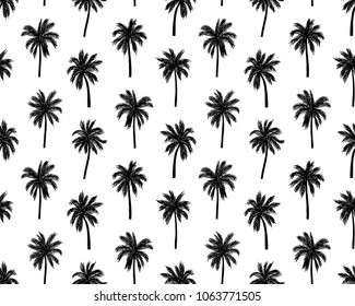 Vector illustration of a hand drawn palm trees. Seamless vector pattern with tropical palm trees.