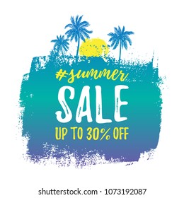 Vector illustration, hand drawn palm tree and paint background. Summer sale banner.