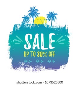 Vector illustration, hand drawn palm tree and paint background. Summer sale banner.