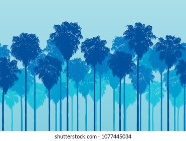 Vector illustration of a hand drawn palm trees. Design element for a game background. Seamless horizontal pattern.