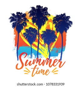 Vector illustration of a hand drawn palm trees on a paint background. Design element for t-shirt prints. Summer time text.
