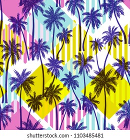 Vector illustration of a hand drawn palm trees. Seamless vector pattern with tropical palm trees on a geometric modern background.