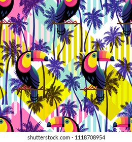 Vector illustration of a hand drawn palm trees. Seamless vector pattern with tropical palm trees and Toucans on a geometric modern background.