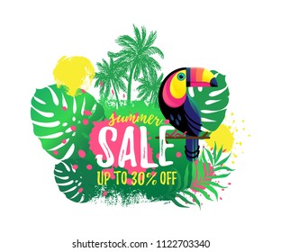 Vector illustration, hand drawn palm tree and paint background. Tropical nature design elements. Summer sale banner.