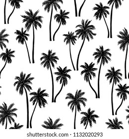 Vector illustration of a hand drawn palm trees. Seamless vector pattern with tropical palm trees.