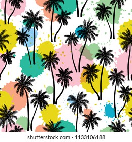 Vector illustration of a hand drawn palm trees. Seamless vector pattern with tropical palm trees on an ink blots modern background.