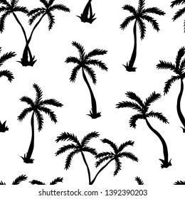 Vector illustration of a hand drawn palm trees. Seamless vector pattern with sihouette tropical palm trees