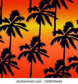 Vector illustration of a hand drawn palm . Seamless vector pattern with tropical trees on an orange background.