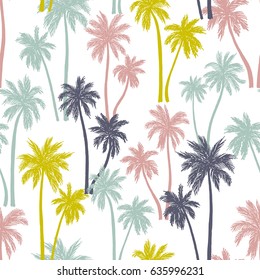 Vector illustration of a hand drawn palm trees. Seamless vector pattern with tropical palm trees.