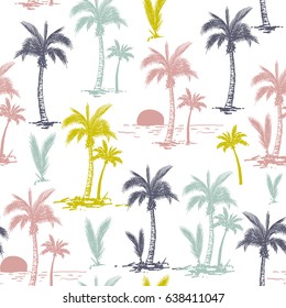 Vector illustration of a hand drawn palm trees. Seamless vector pattern with tropical palm trees.