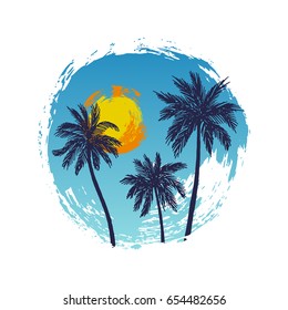 Vector illustration of a hand drawn palm trees on a paint background. Design element for t-shirt prints. Tropical nature element.
