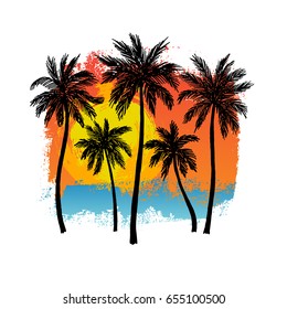 Vector illustration of a hand drawn palm trees on a paint background. Design element for t-shirt prints. Tropical nature element.
