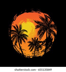 Vector illustration of a hand drawn palm trees on a paint background. Design element for t-shirt prints. Tropical nature element.
