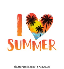 Vector illustration of a hand drawn palm trees on a paint background in a heart shape. Design element for t-shirt prints. I love summer lettering.