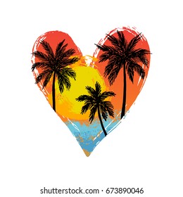 Vector illustration of a hand drawn palm trees on a paint background in a heart shape. Design element for t-shirt prints. Tropical nature element.
