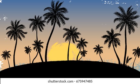 Vector illustration of a hand drawn palm trees on a paint background. Design element for t-shirt prints, wallpaper. Tropical nature element.