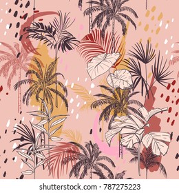 Vector illustration of a hand drawn palm trees and leaves. Seamless vector pattern with colorful polkadots hand painting on light pink background.