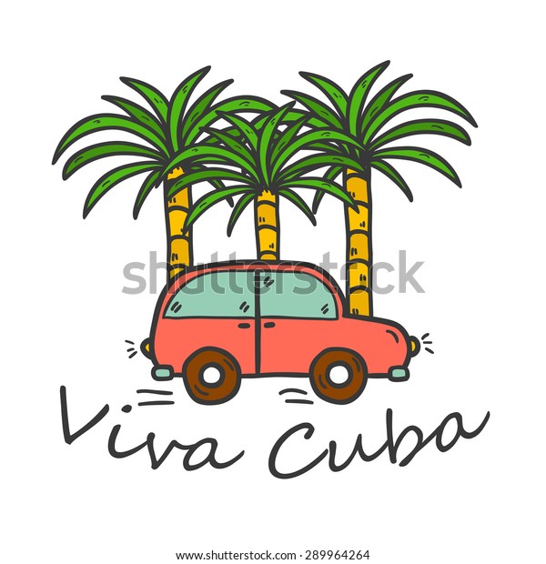 Vector illustration with hand drawn palms and\
vintage car. Travel or vacation concept. You can use it for logo,\
emblem or print in your\
work