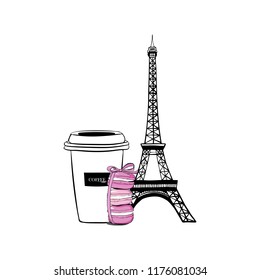 Vector illustration hand drawn Paris set cup of coffee with macaroons with bow ribbon for design. Paris Set with Eiffel Tower, Stack of macaron with pink ribbon and bow, macaroon cakes, sketch style