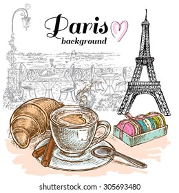 The vector illustration "hand drawn Paris and coffee with croissants" for design