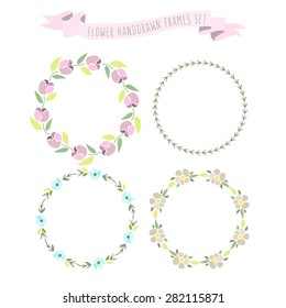 vector illustration of hand drawn pastel flower and floral frames and wreaths in flat design style as a template for design of invitations, personal cards, prints, decorations, patterns