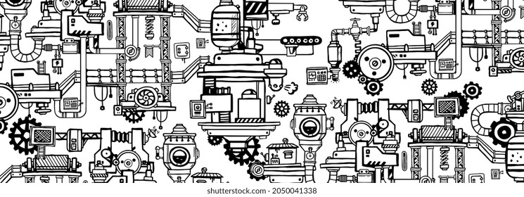 Vector Illustration with Hand Drawn Pattern of Black and White Retro Machine. Doodle Line Art Flat Style Design of Complex Mechanism of Product Production on White Color Background