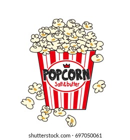 Vector Illustration With Hand Drawn Pattern Popcorn Bucket. Cinema Snack. Hand Drawn Fast Food. Movie Time.