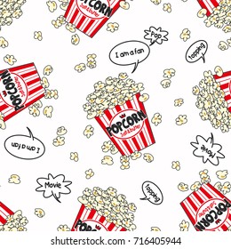 Vector illustration with hand drawn pattern popcorn bucket. Cinema snack. Hand drawn fast food. Movie time.