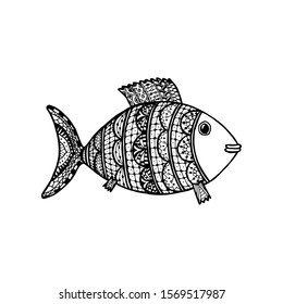 Vector illustration of hand drawn patterned cartoon fish. Coloring page book anti stress for adult. Concept for restaurant menu card, branding, logo label.