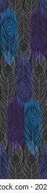 Vector illustration of hand drawn peacock feathers in colored line art. Seamless pattern.
