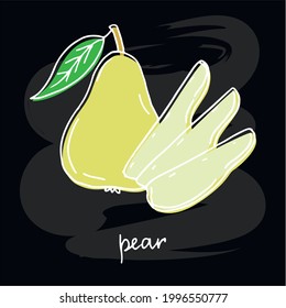 Vektorgrafik einer handgezeichneten Birne mit drei Blättern und handgeschriebenem Text für Banner, Poster, Menü, Werbung, Kleidungsdesign. Doodle bunter Zeichnung auf schwarzem Hintergrund
