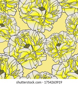 Vector illustration. Hand drawn peony. Seamless background. Yellow buds. Botanical illustration.