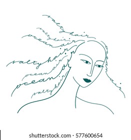 a vector illustration; a hand drawn phrase OCEAN AIR SALTY HAIR in shape of hairs of a girl; a woman's silhouette or decorative portrait; perfect for prints on t-shirts and posters
