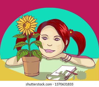 Vector illustration, hand drawn picture of little girl observing how the sun flower plant grows. This illustration could be used for education concept purpose, banner,  etc. 