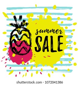 Vector illustration, hand drawn pineapple and paint background with ink splash. Summer sale banner.