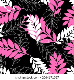 A Vector Illustration Hand drawn of pink black white tropical palm leaves. Seamless pattern