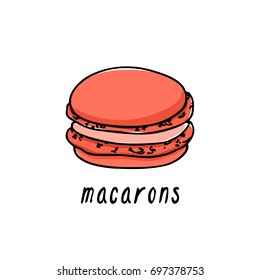 Vector illustration of hand drawn pink macaron. Traditional pastry illustration. Beautiful food design elements.
