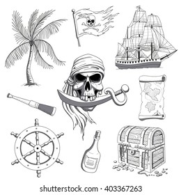 Vector Illustration of Hand Drawn Pirate Design Elements