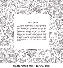 Vektorillustration mit handgezeichneter Pizza.