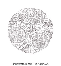 Vector illustration with hand drawn pizza. Circle composition with pizza and ingridients