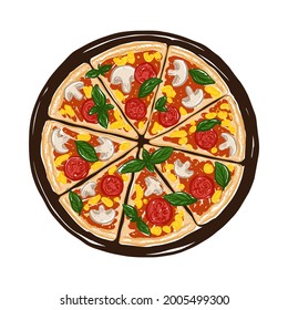 Vector illustration of hand drawn pizza. Tasty Italian pizza topped with tomato sauce, cheese, mushrooms, tomatoes and basil.