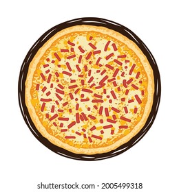 Vector illustration of hand drawn pizza. Tasty Italian pizza topped with mozzarella, cheese and chopped ham.