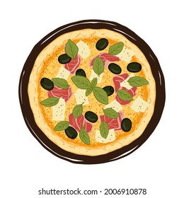 Vector illustration of hand drawn pizza. Tasty Italian pizza topped with cheese, prosciutto, basil and black olive.