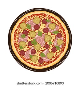 Ilustración vectorial de la pizza dibujada a mano. Deliciosa pizza de carne con salsa de tomate, queso, pepinillos, bacón, salchichas y perejil.