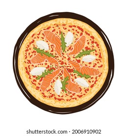 Ilustración vectorial de la pizza dibujada a mano. Deliciosa pizza italiana con salsa de tomate, queso, rodajas de filete de salmón, queso crema y arugula.