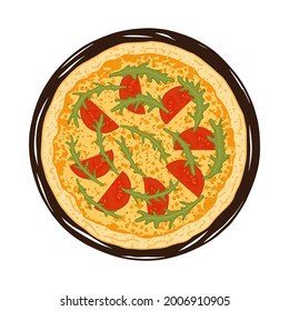 Ilustración vectorial de la pizza dibujada a mano. Deliciosa pizza italiana con queso, tomates y arugula.