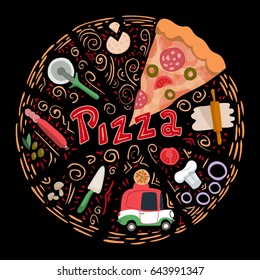 Vector illustration with hand drawn pizza and ingredient